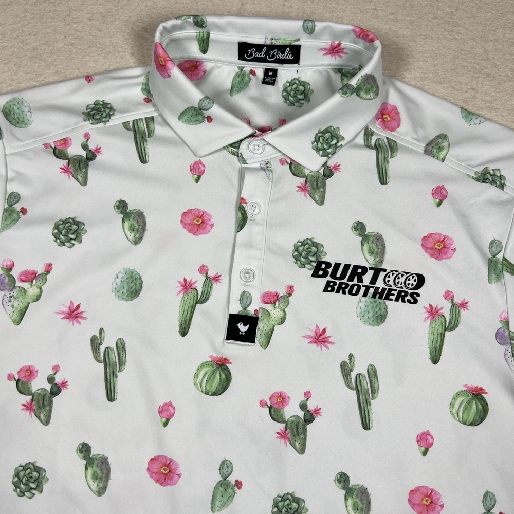 Bad Birdie Polo Shirt Mens Medium White Cactus Print Golf Burt Brothers‎